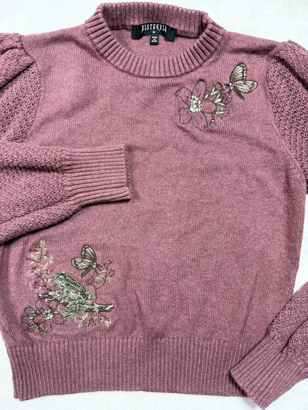 Disturbia Toad Frog Butterfly Embroidered Sweater Womens Sz Med Cottage goth Med